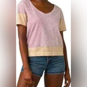 Prana Free Float Short Sleeve Lavender/YellowStriped Tee Size Large